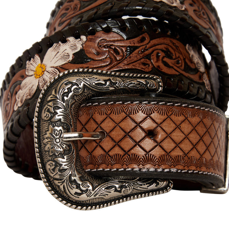 Checkered Brown Hand-Tooled Leather Belt
