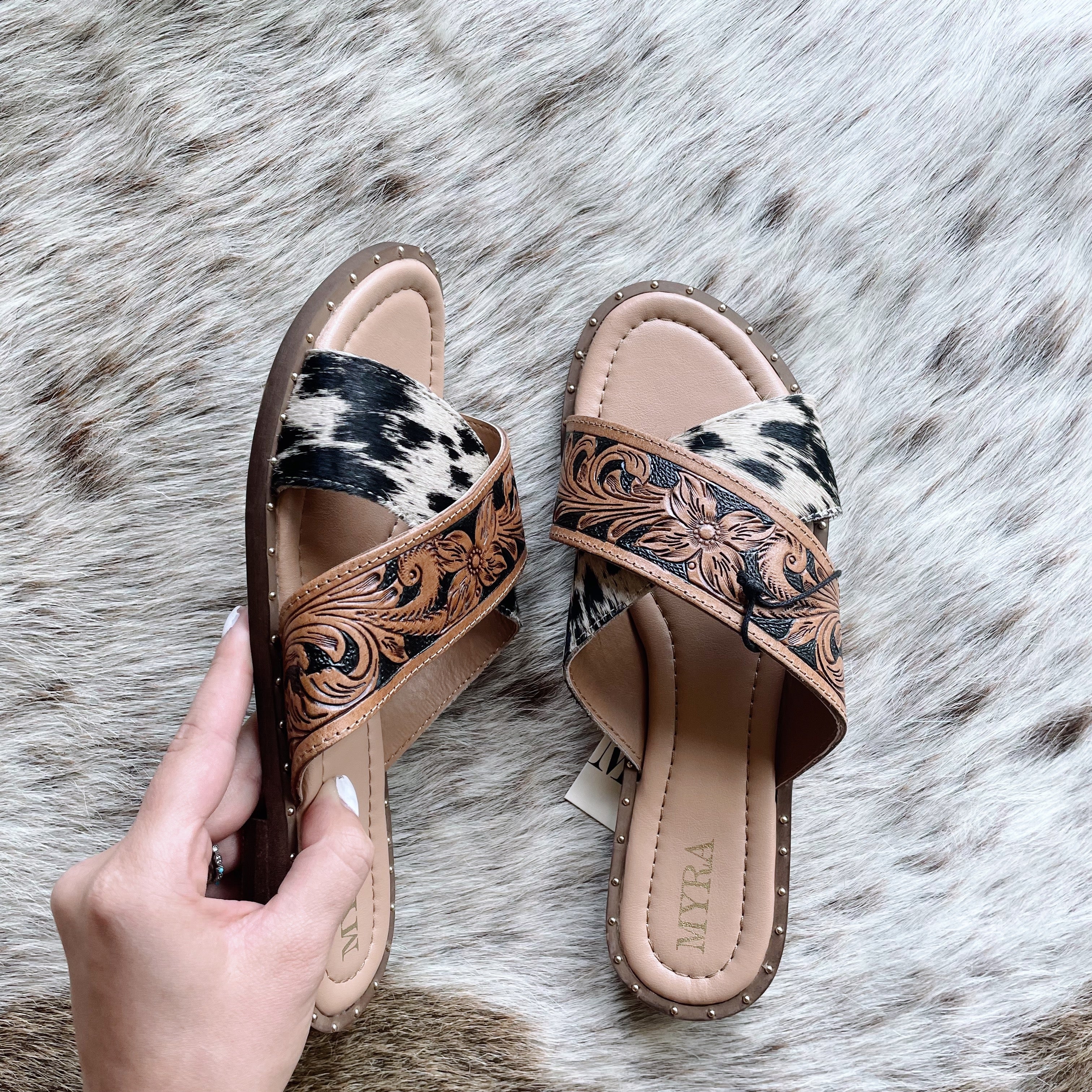 Tooled leather flip online flops