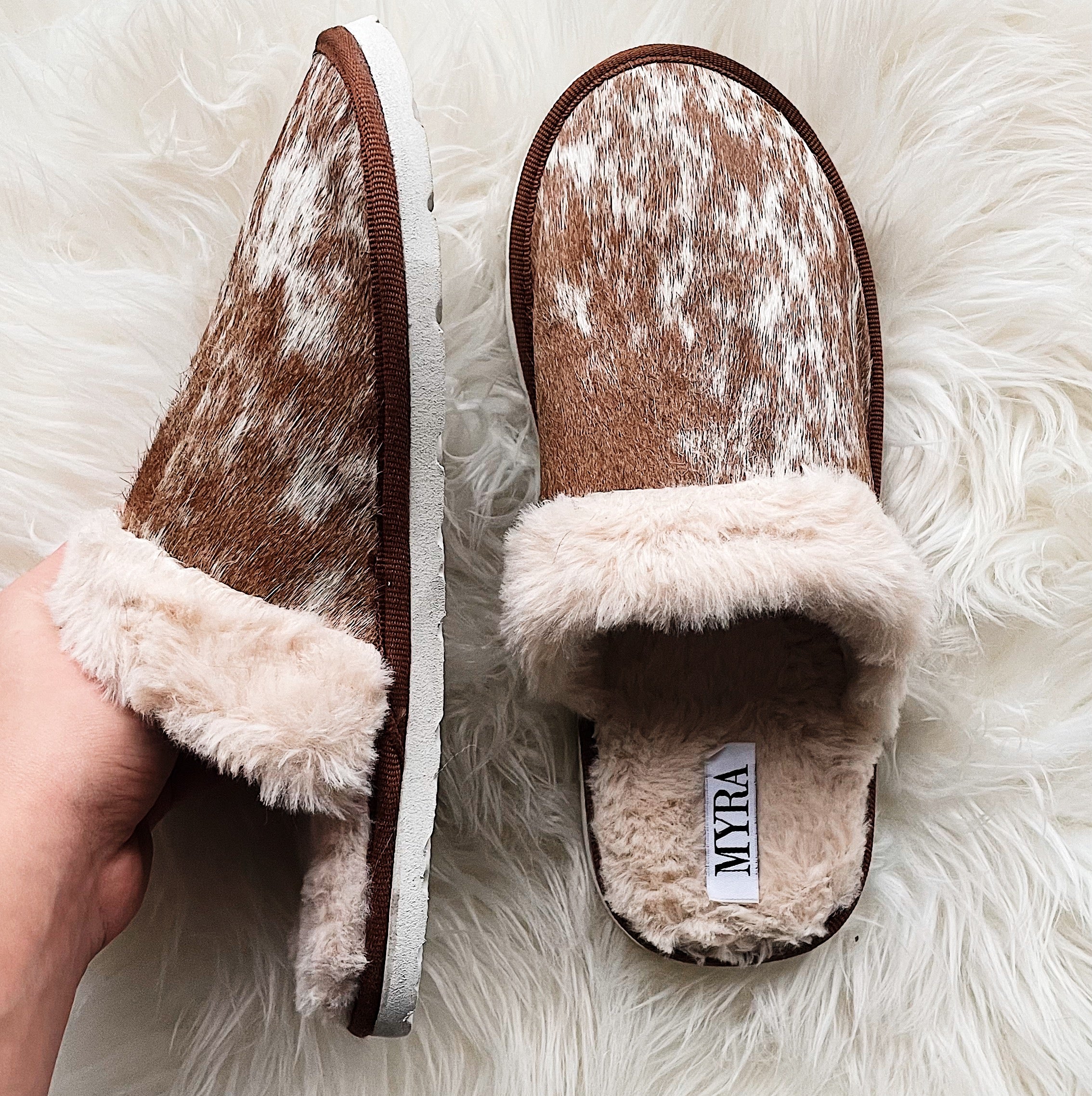 Cowhide Slippers Buckin Cowgirl